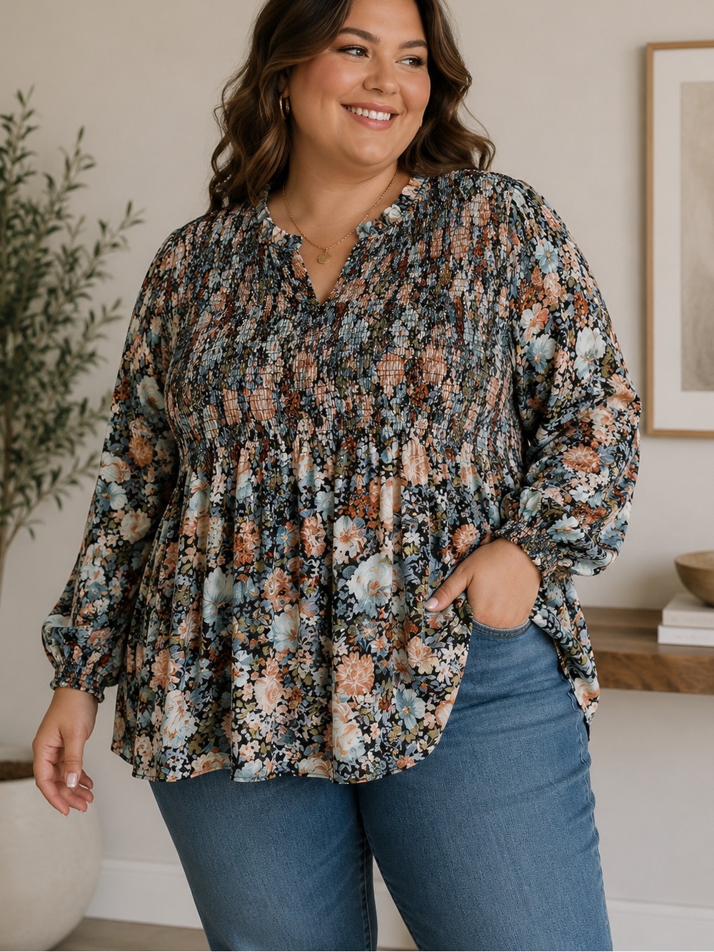 BloomChic Floral Smocked Peplum Blouse in Navy, Blue & Tan